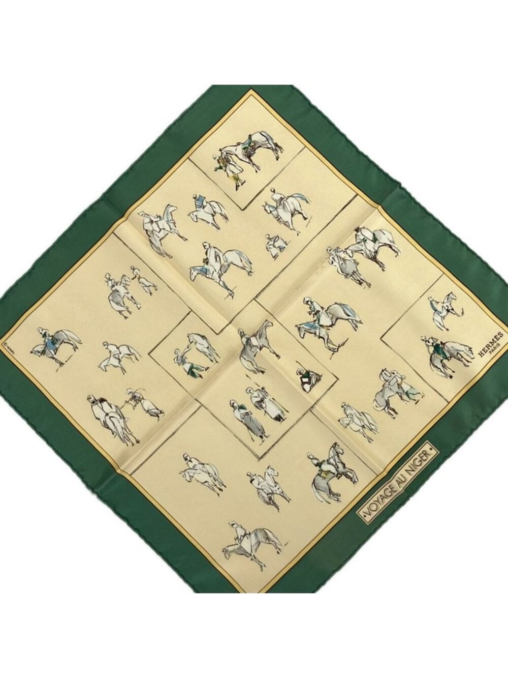 Hermes Scarf Petit Carre Ivory Dark Green Light Gray Voyage AU Niger